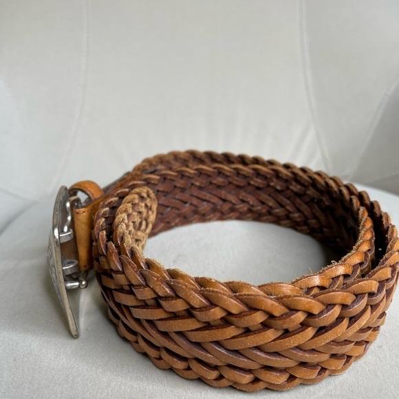 Vintage 1 World Mens Belt Large Detail Textured Brown Leather Braided - Picture 2 of 5